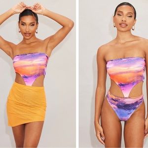 Purple Printed Slinky Cut Out Bandeau Bodysuit